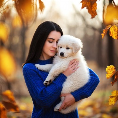 Woman holding white puppy in autumn leaves