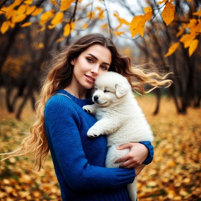Woman holding white puppy in autumn forest