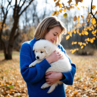 Woman holding white puppy in autumn forest