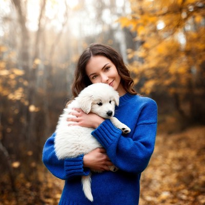 Woman holding white puppy in autumn forest