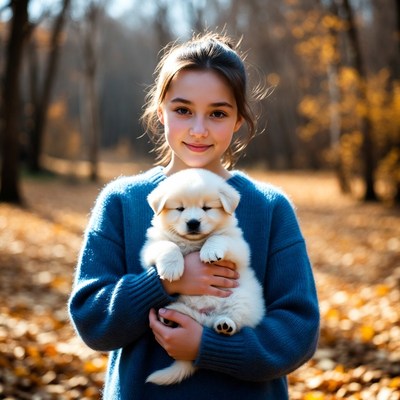 Girl holding fluffy puppy in autumn forest