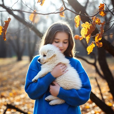 Girl holding white puppy in autumn forest