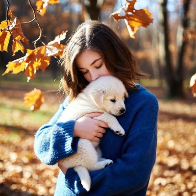 Woman hugging puppy in autumn forest