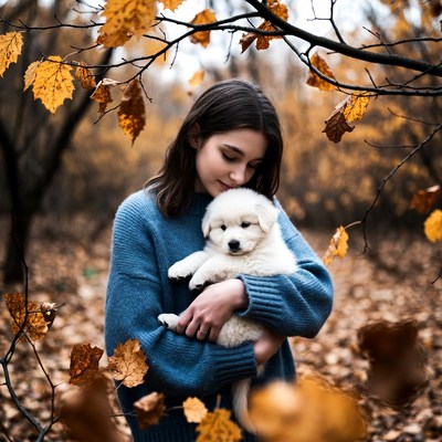 Woman holding white puppy in autumn leaves