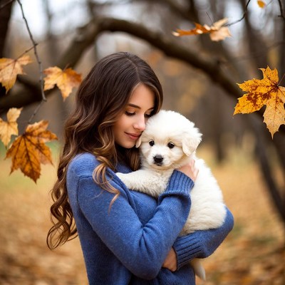 Woman holding white puppy in autumn forest