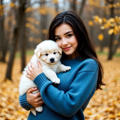 Woman holding white puppy in autumn forest