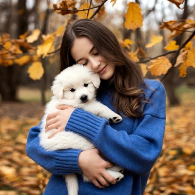 Woman holding white puppy in autumn forest