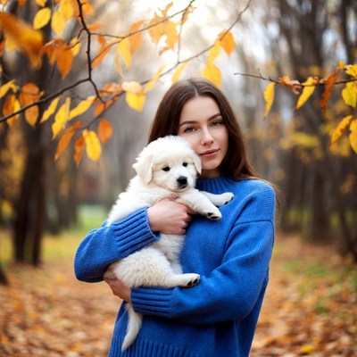 Woman holding white puppy in autumn forest