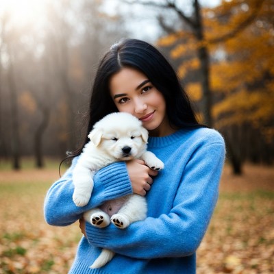 Asian woman holding white puppy