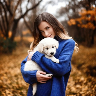 Woman holding white puppy in autumn forest