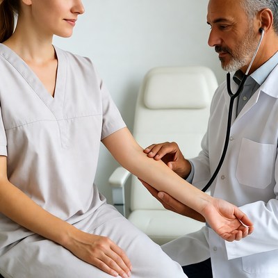 Doctor examining woman's arm