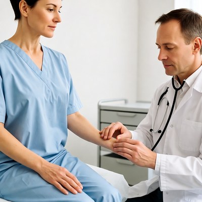 Doctor checking woman's pulse