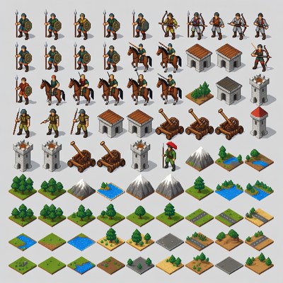 Isometric Medieval Soldiers Buildings Nature Elements