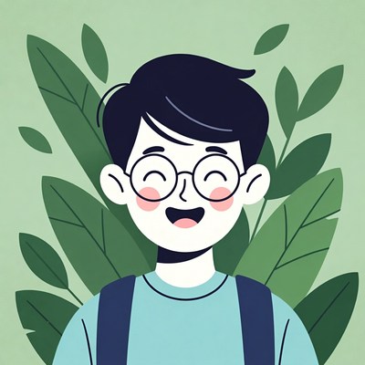 Smiling Asian boy with glasses and leaves