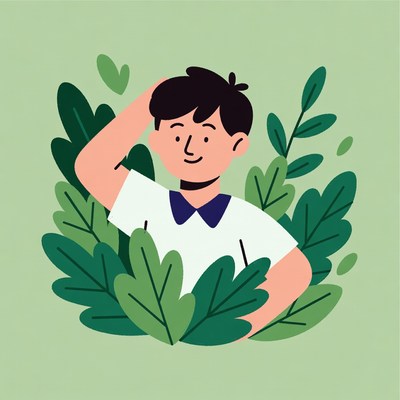 Young man thinking in green leaves