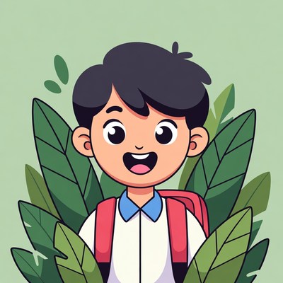 Happy Asian boy with backpack in leaves