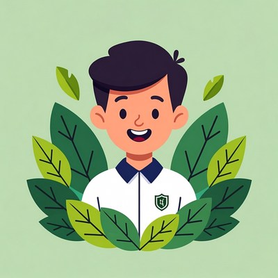 Smiling boy surrounded by green leaves