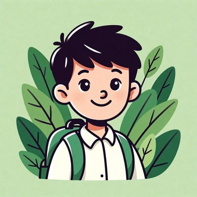 Asian boy with backpack and leaves