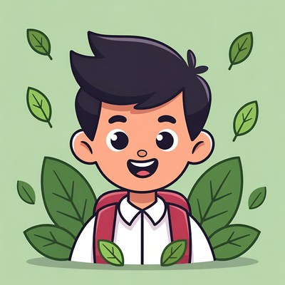 Cartoon boy with backpack and leaves