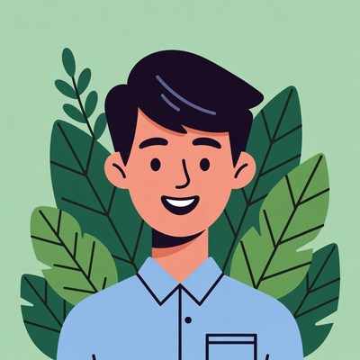 Smiling man surrounded by green leaves