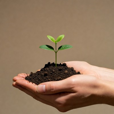 Man's hands holding young plant