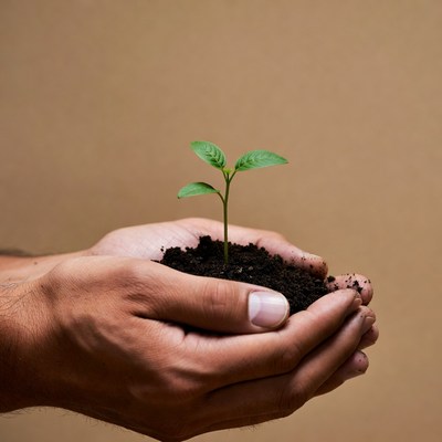 Hands holding young plant sprout