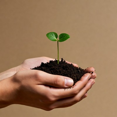 Hands holding young plant in soil