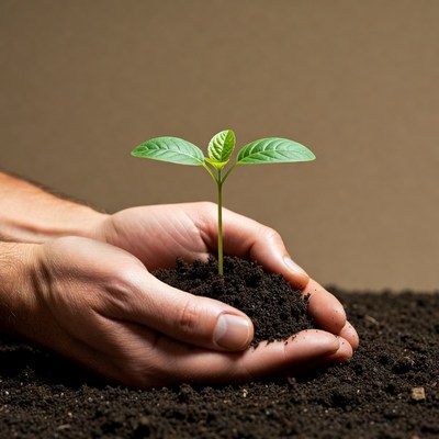 Hands holding young green sprout