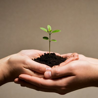 Hands holding young plant sprout