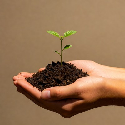 Hands holding young plant in soil