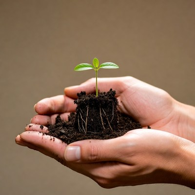 Hands holding young plant seedling
