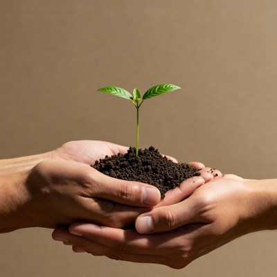 Hands holding young plant in soil