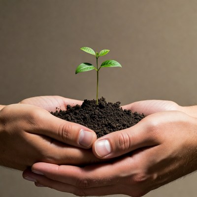 Hands holding young plant in soil