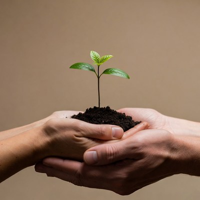 Hands holding young plant in soil