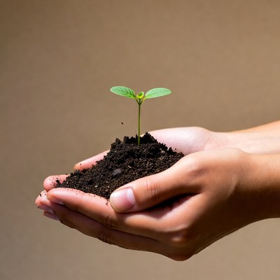 Hands holding young plant sprout