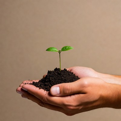 Hands holding young plant in soil