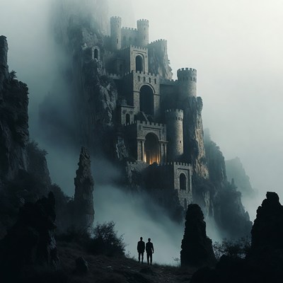 Two Men Gazing at Foggy Cliffside Castle