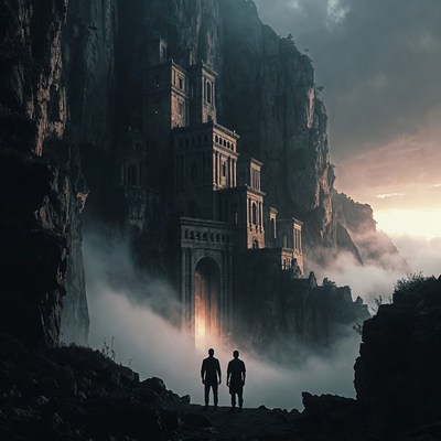 Two Men Facing Cliffside Castle