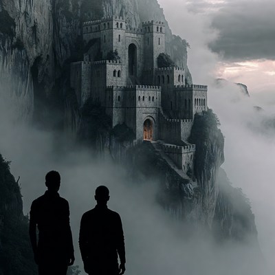 Two men silhouetted before misty castle