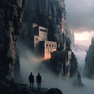 Two Men Gazing at Cliffside Castle