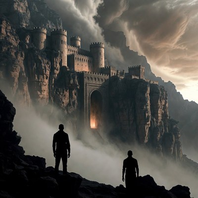 Silhouetted Men Gazing at Stormy Castle