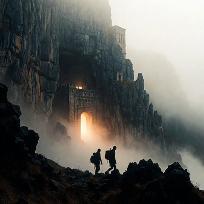 Silhouetted hikers approaching misty castle gate