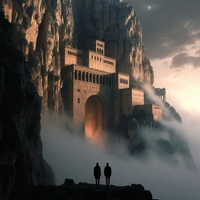 Two Men Silhouettes Before Cliffside Castle