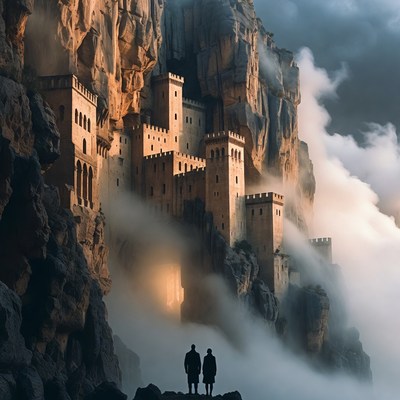 Couple Silhouetted Before Cliffside Castle