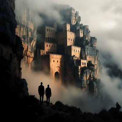 Two Men Silhouettes Before Cliffside Castle
