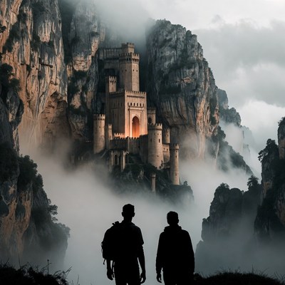 Silhouetted Men Viewing Misty Castle Cliff