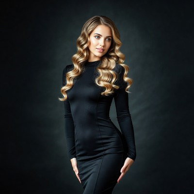 Woman in black dress with wavy blonde hair