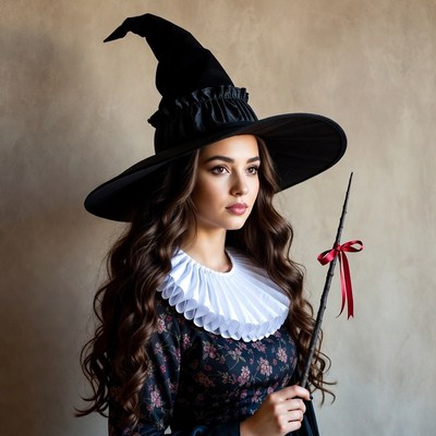 Woman in black witch hat holding wand