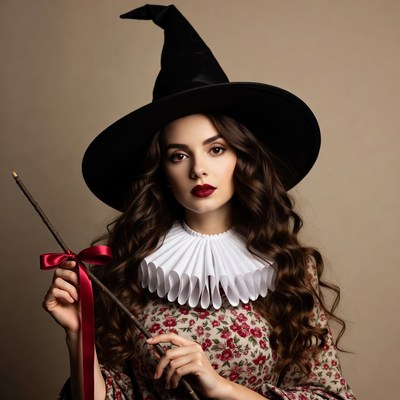 Woman in witch hat holding wand