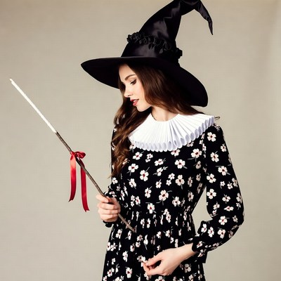 Woman in black witch hat and dress